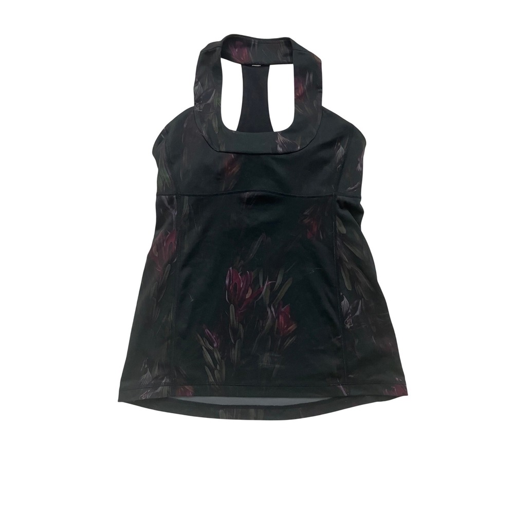 Lululemon Racerback Tank Top Moody Protea Dark Floral Built-in Bra Black Womens